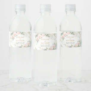 Boho Blush floral gold glitter eucalyptus wedding Water Bottle Label