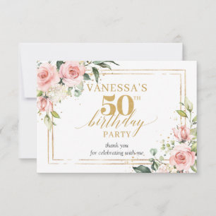 Boho Blush floral gold glitter sage 50th birthday Thank You Card