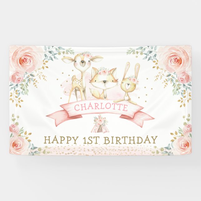 Boho Blush Floral Gold Woodland Birthday Welcome Banner (Horizontal)