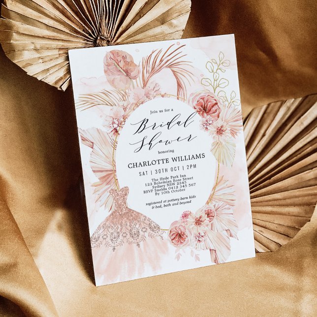 Boho Blush Floral Pampas Grass Bridal Shower Dress Invitation (Creator Uploaded)