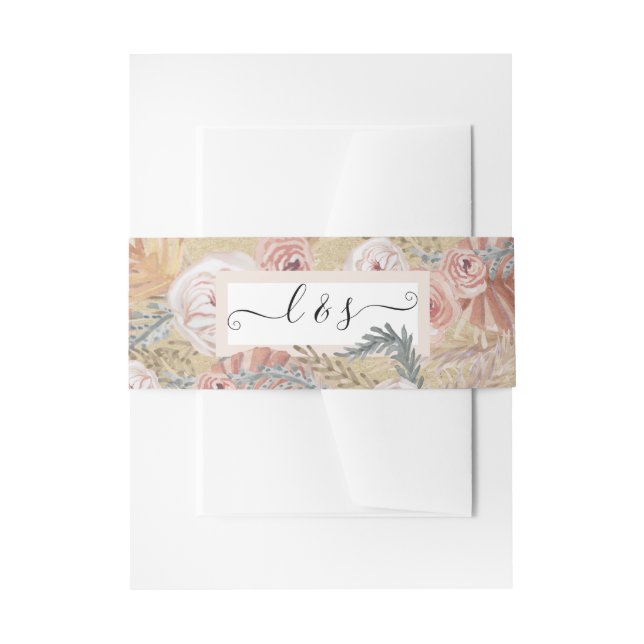 BOHO Blush Floral Pampas Wedding Greenery Kraft Invitation Belly Band (Front Example)