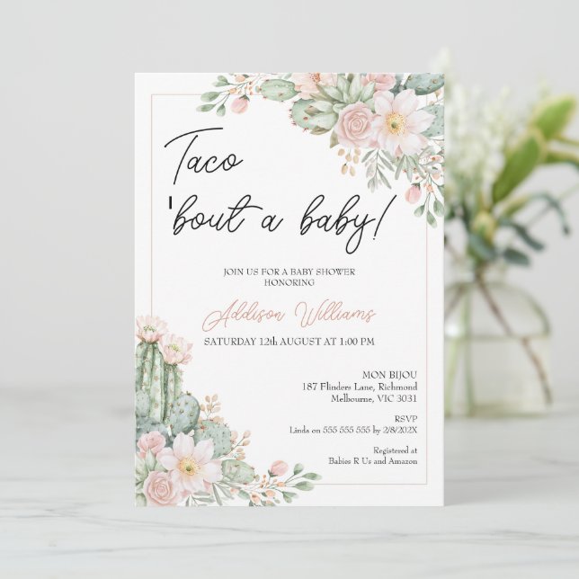 Boho Blush Floral Taco 'bout Baby Baby Shower Invitation (Standing Front)