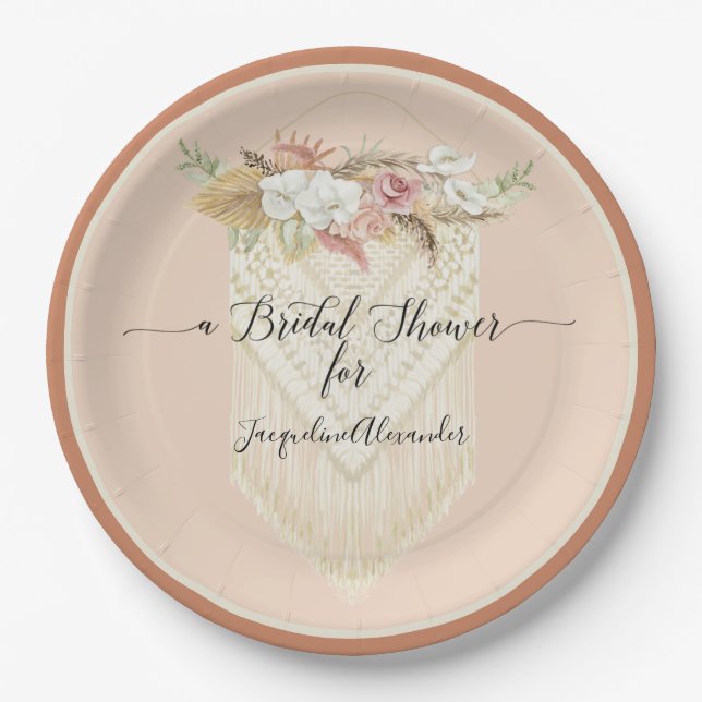 BOHO Blush Floral Terra Cotta Pampas Grass Bridal Paper Plate (Front)