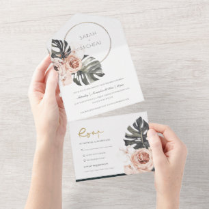 BOHO BLUSH FLORAL WREATH MONSTRERA LEAF WEDDING AL ALL IN ONE INVITATION