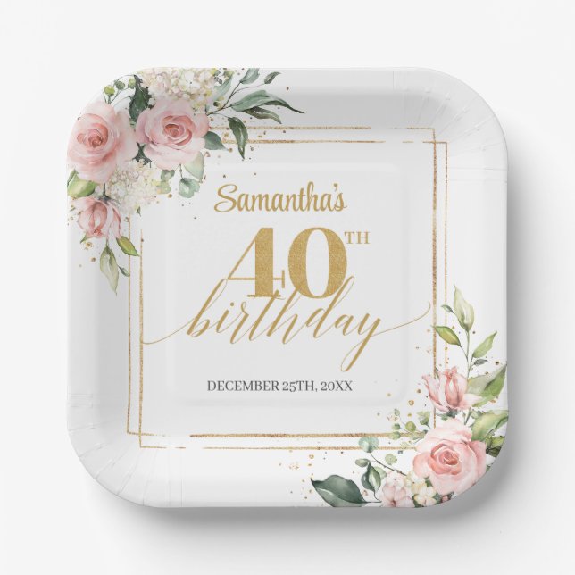 Boho blush flowers eucalyptus gold 40th birthday paper plate (Front)