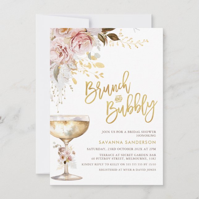 Boho Blush Gold Floral Brunch Bubbly Bridal Shower Invitation (Front)