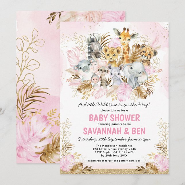 Boho Blush Gold Safari Animals Girl Baby Shower Invitation (Front/Back)