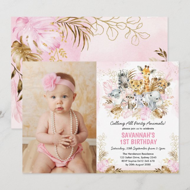 Boho Blush Gold Tropical Wild One Birthday Girl Invitation (Front/Back)