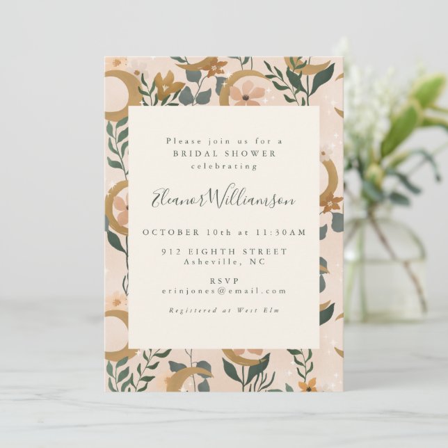Boho Blush Green Botanical Moon Bridal Shower Invitation (Standing Front)