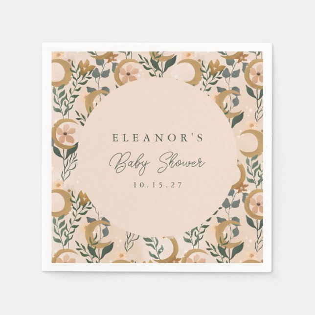Boho Blush Green Botanical Moon Custom Baby Shower Napkin (Front)