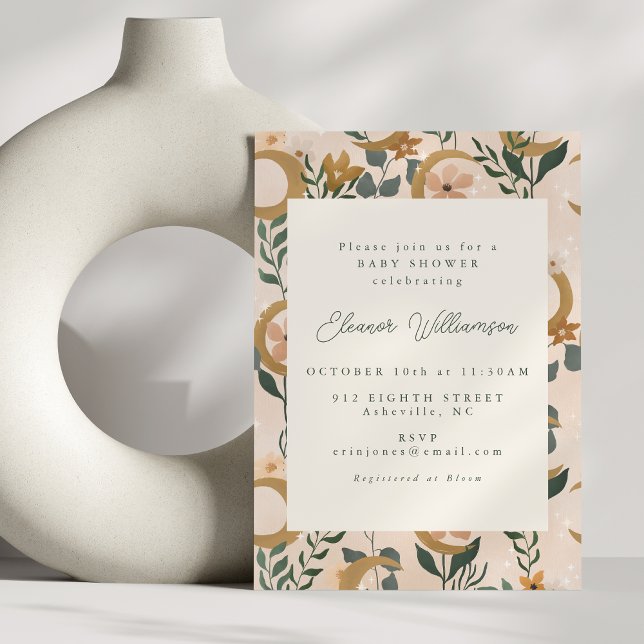 Boho Blush Green Botanical Moon Cute Baby Shower Invitation (Creator Uploaded)
