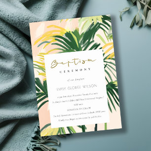 Boho Blush Green Tropical Palm Beach Baptism Invitation