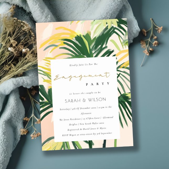 Boho Blush Green Tropical Palm Beach Engagement In Invitation (Creator Uploaded)