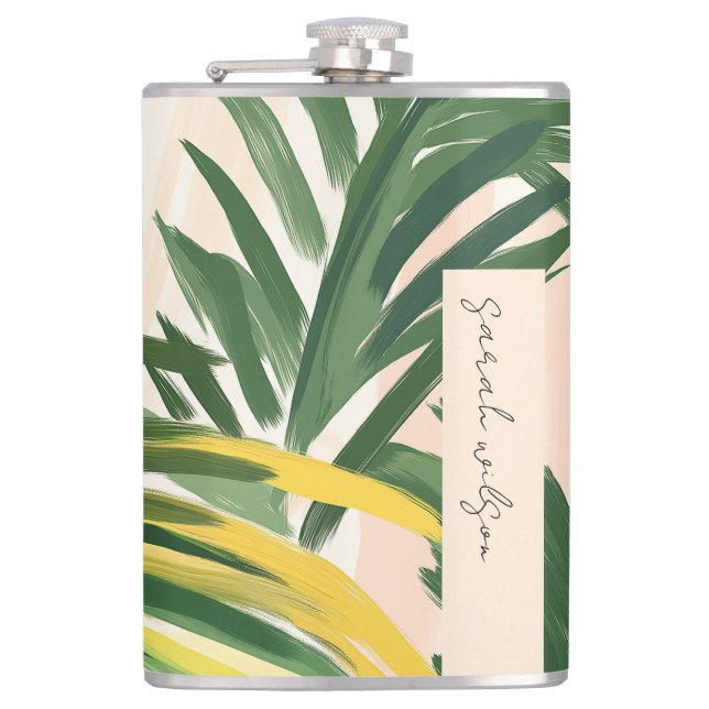Boho Blush Green Tropical Palm Beach Leaves Hip Flask (Front)