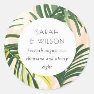 Boho Blush Green Tropical Palm Beach Wedding Classic Round Sticker