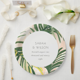 Boho Blush Green Tropical Palm Beach Wedding Paper Plate