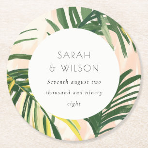 Boho Blush Green Tropical Palm Beach Wedding Round Paper Coaster