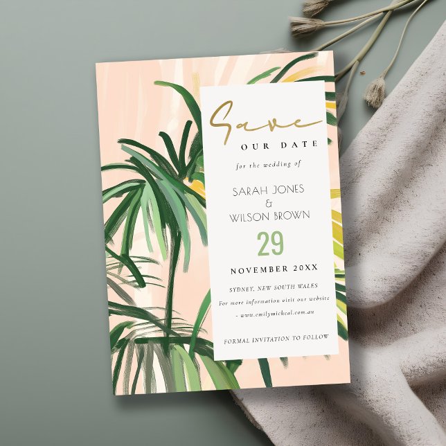 Boho Blush Green Tropical Palm Beach Wedding Save The Date (Creator Uploaded)