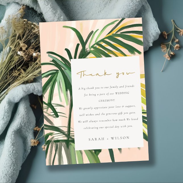Boho Blush Green Tropical Palm Beach Wedding Thank You Card (Creator Uploaded)
