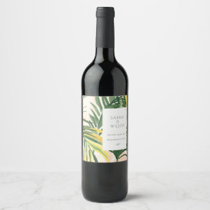 Boho Blush Green Tropical Palm Beach Wedding Wine Label