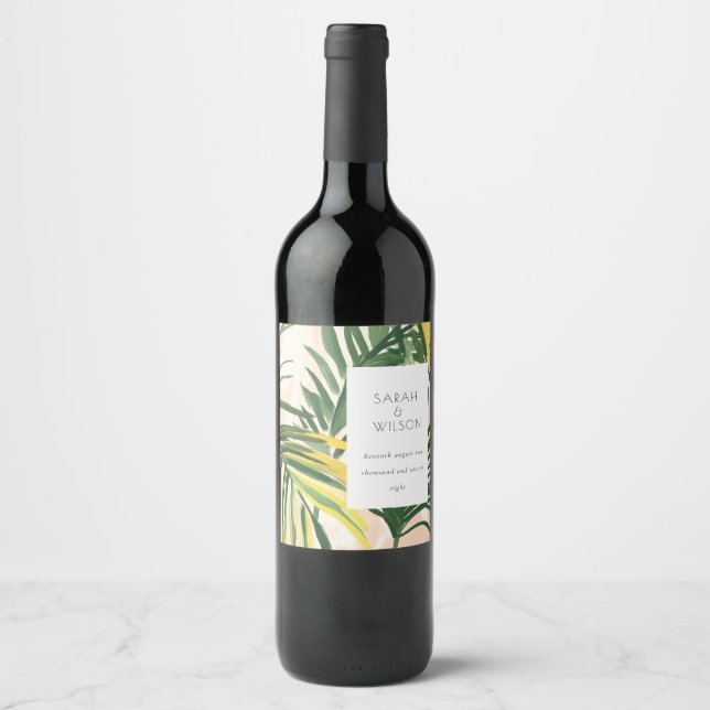 Boho Blush Green Tropical Palm Beach Wedding Wine Label (Front)
