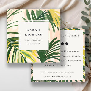 Boho Blush Green Tropical Palm Leaf Review Request Square Business Card