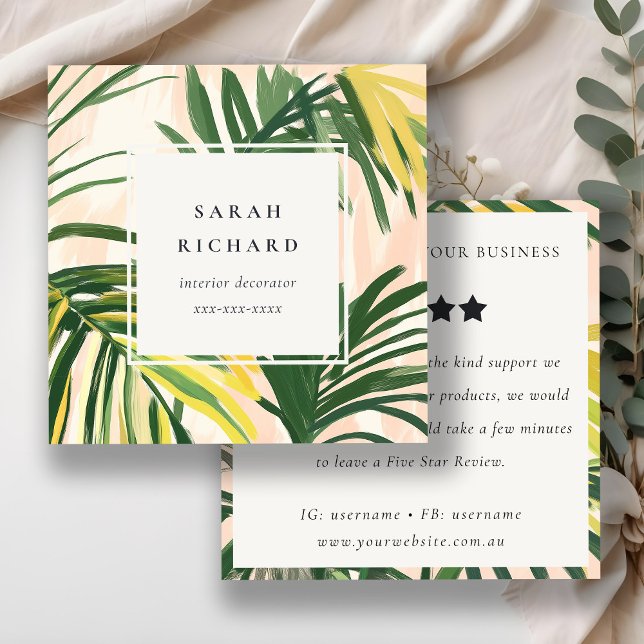Boho Blush Green Tropical Palm Leaf Review Request Square Business Card (Creator Uploaded)
