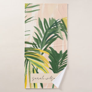 Boho Blush Green Tropical Palm Leaves Beach Bath Towel