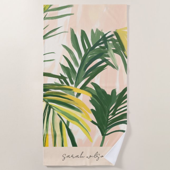 Boho Blush Green Tropical Palm Leaves Beach Beach Towel (Front)