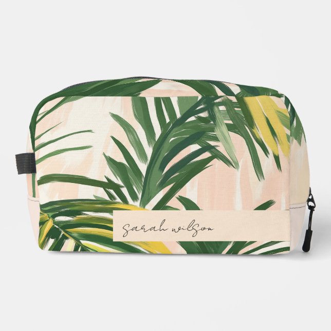 Boho Blush Green Tropical Palm Leaves Beach Dopp Kit (Front)