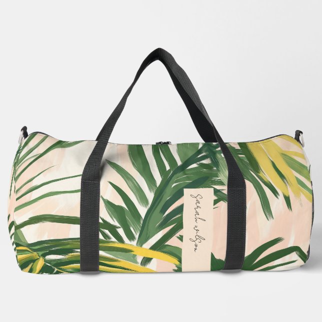 Boho Blush Green Tropical Palm Leaves Beach Duffle Bag (Front)