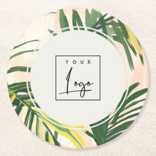Boho Blush Green Tropical Palm Leaves Beach Logo Round Paper Coaster