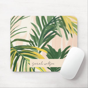 Boho Blush Green Tropical Palm Leaves Beach Mouse Mat