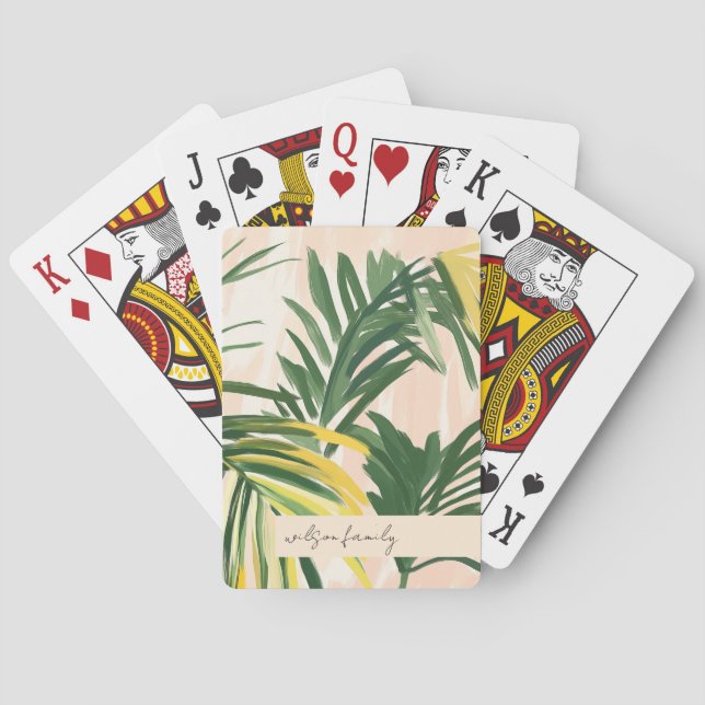 Boho Blush Green Tropical Palm Leaves Beach Playing Cards (Back)