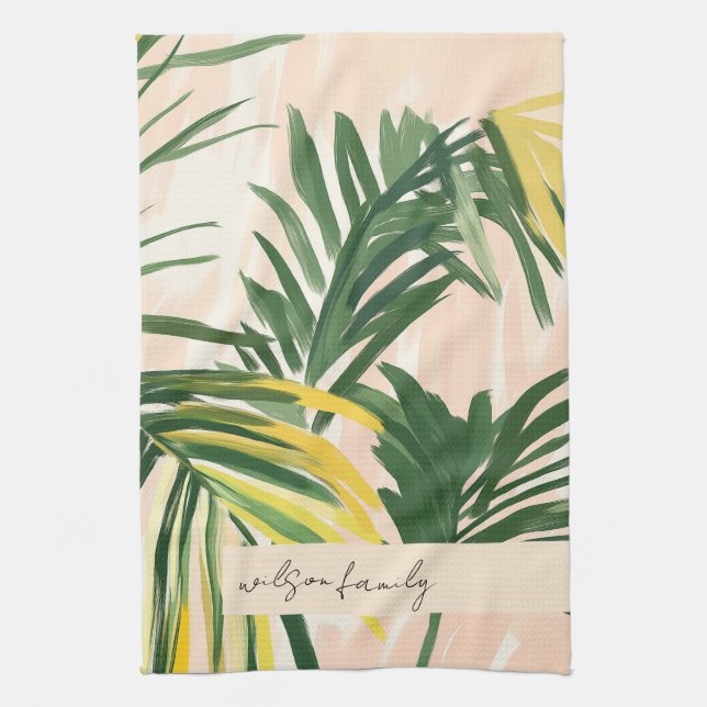 Boho Blush Green Tropical Palm Leaves Beach Tea Towel (Vertical)