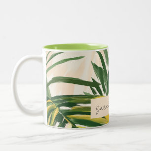 Boho Blush Green Tropical Palm Leaves Beach Two-Tone Coffee Mug