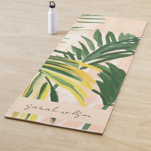 Boho Blush Green Tropical Palm Leaves Beach Yoga Mat (In Situ)