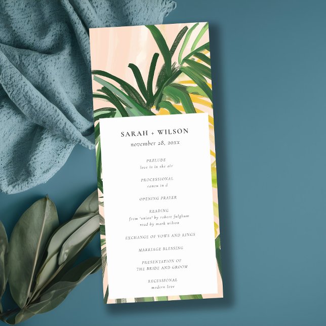 Boho Blush Green Tropical Palm Wedding Program Invitation (Creator Uploaded)