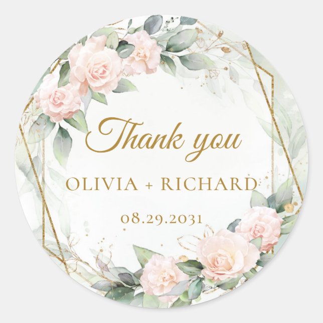 Boho blush greenery and gold frame wedding sticker (Front)