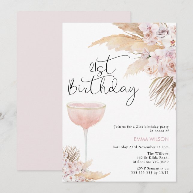 Boho Blush Mauve Floral Glass 21st Birthday Invitation (Front/Back)