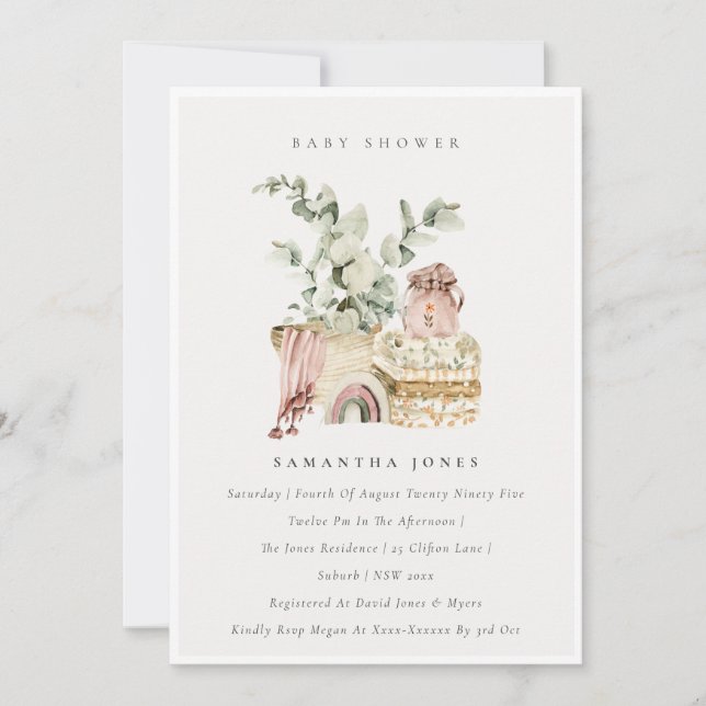Boho Blush Nursery Foliage Girl Baby Shower Invite (Front)