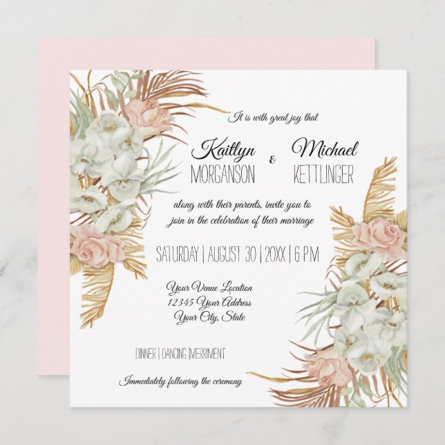 BOHO Blush Orchid Floral Pampas Grass Palm Foliage Invitation (Front/Back)