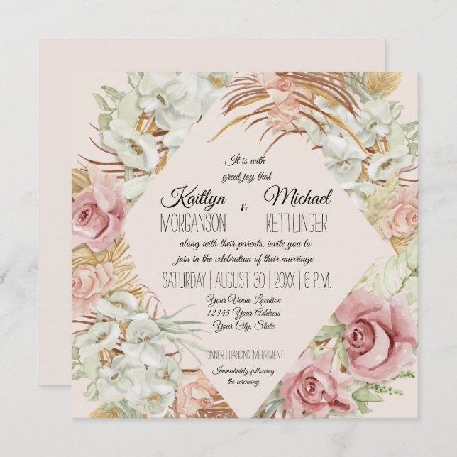 BOHO Blush Orchid Floral Pampas Grass Palm Foliage Invitation (Front/Back)