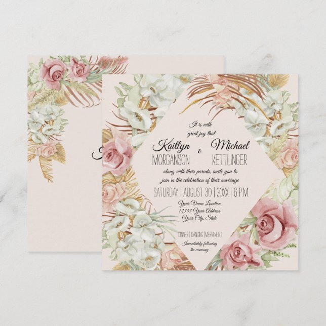 BOHO Blush Orchid Floral Pampas Grass Palm Foliage Invitation (Front/Back)