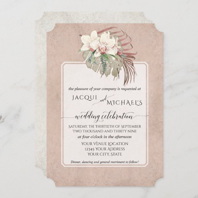 BOHO Blush Orchid Floral Tropical Jungle Foliage Invitation (Front/Back)