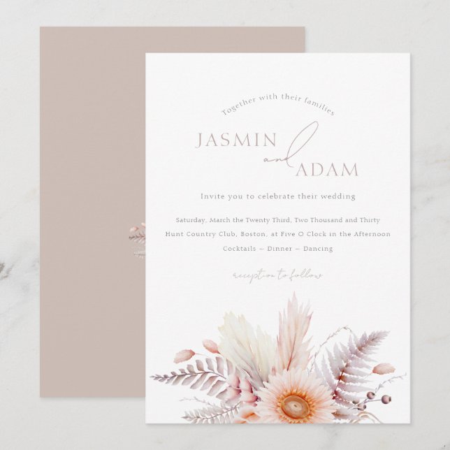 Boho Blush Pampas Daisy Wedding Invitation (Front/Back)