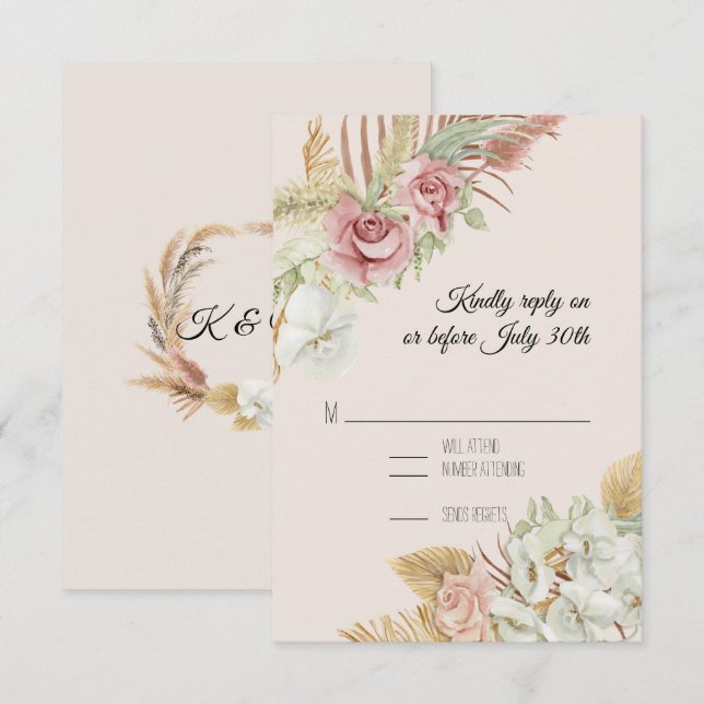 BOHO Blush Pampas Foliage Palm Rose Wreath RSVP Card (Front/Back)