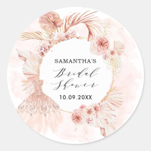 Boho Blush Pampas Glitter Dress Bridal Shower Classic Round Sticker