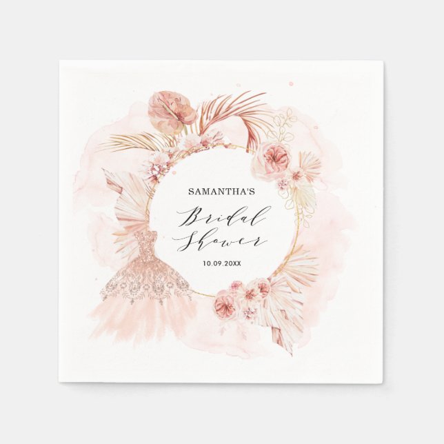 Boho Blush Pampas Glitter Dress Bridal Shower Napkin (Front)