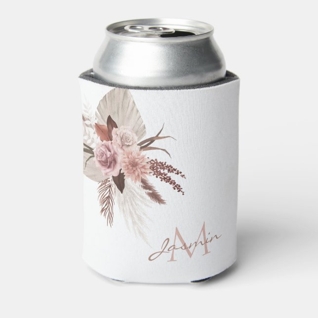 Boho Blush Pampas Grass Floral Monogram Can Cooler (Can Back)